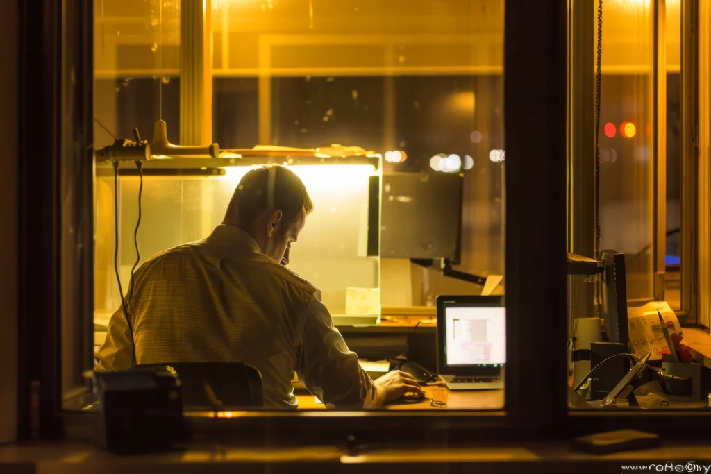 Man alone working late at night in the office