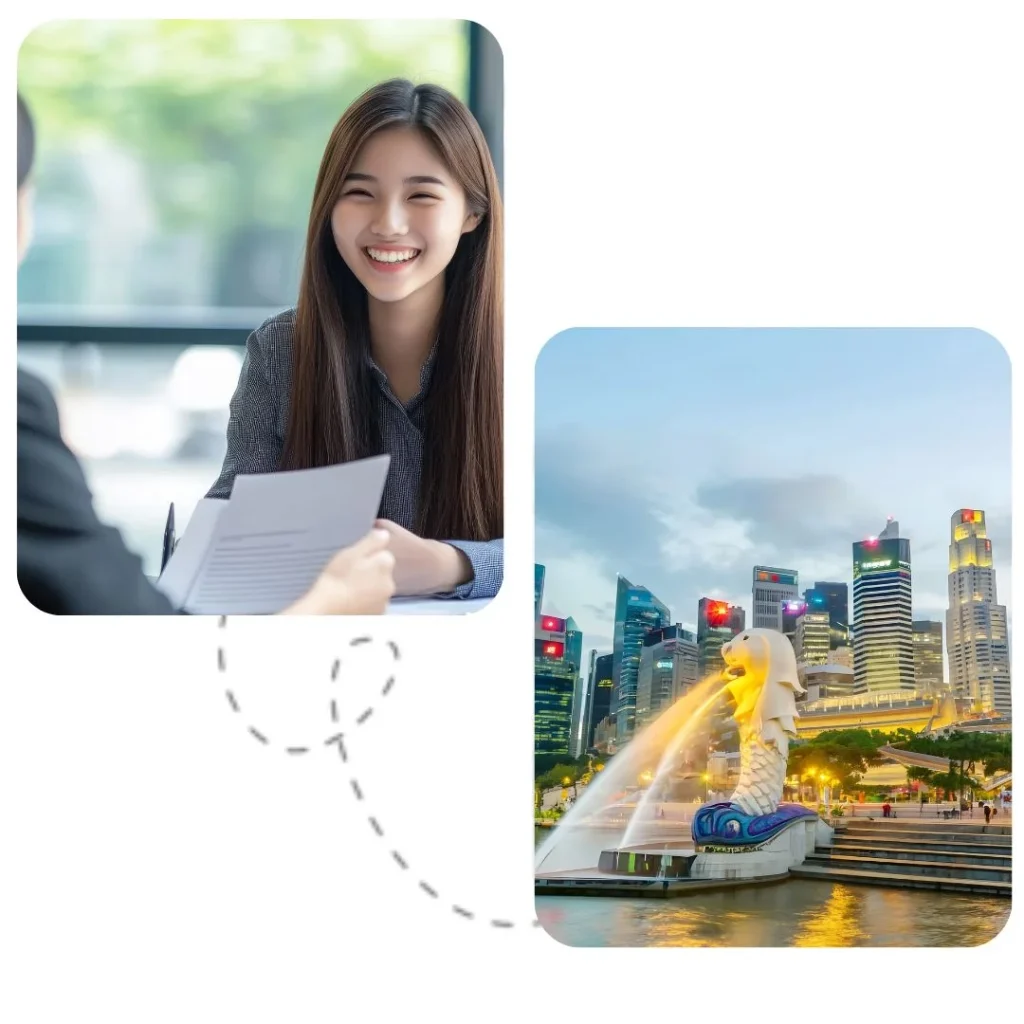 Collage of a young lawyer and the Merlion in Singapore