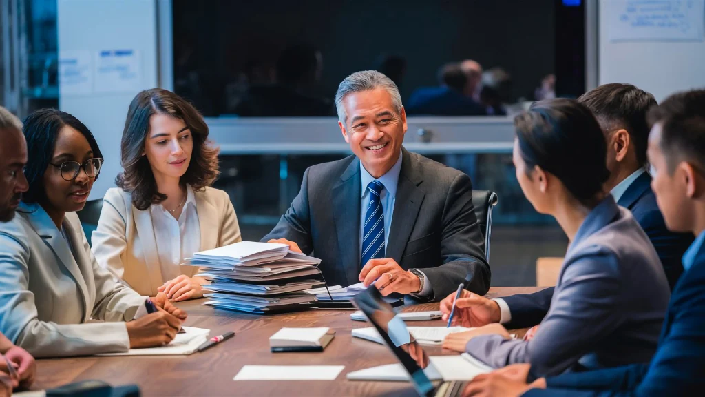 Business people discussing immigration law in Singapore